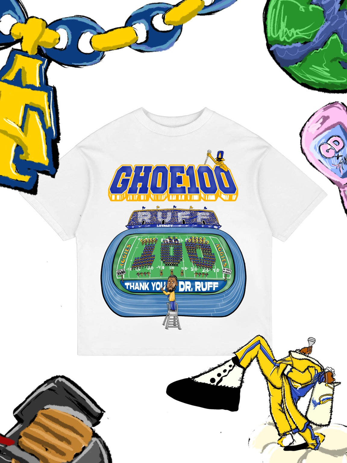 White Ruff’s Kids commemorative T-shirt honoring Dr. Ruff and North Carolina A&T band students